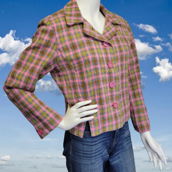 Vintage Jackets & Blazers - Vtg 60s Handmade Mad Men Pink Plaid Wool Blend Cropped Blazer Jacket Womens M